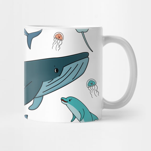 cartoon ocean and sea happy animals. Whale, dolphin, shark, stingray of two types, jellyfish by essskina